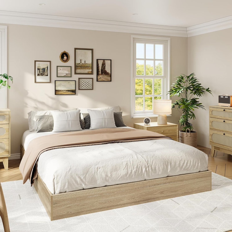 King Platform Bed, Wooden Slats, Floor Bed Frame, Modern Minimalist, No Box Spring, Golden Tan