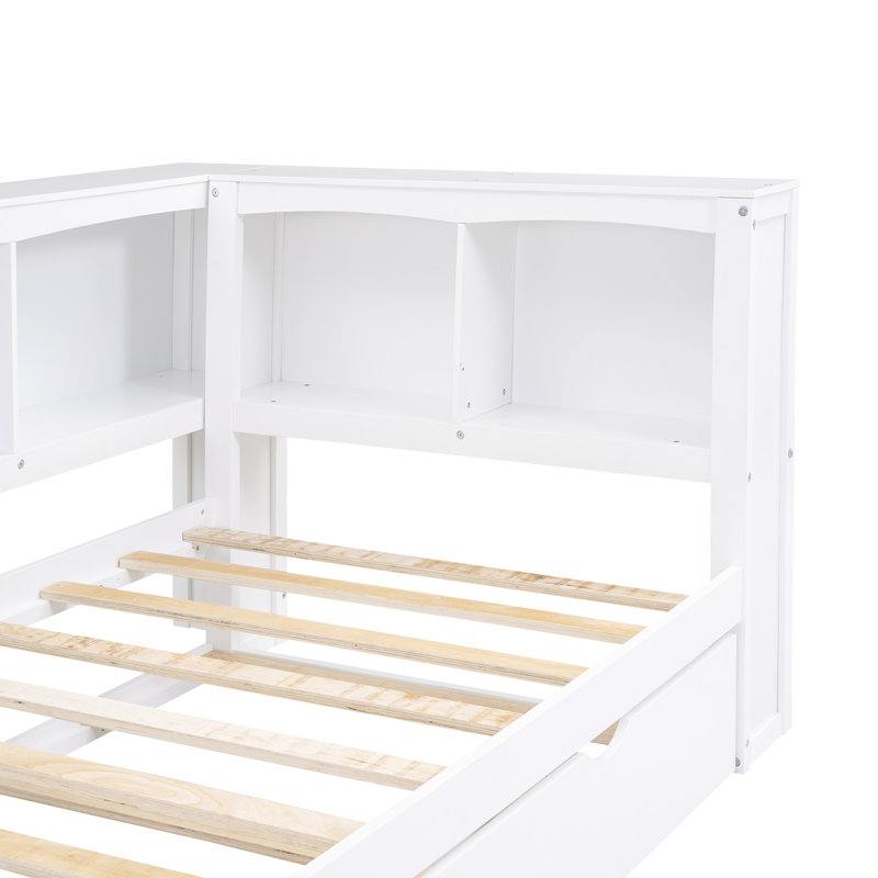 Lit de jour simple avec lit gigogne, armoires de rangement et ports USB, Blanc