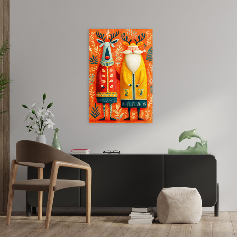 Festive Folk Art Duo Whimsical Abstract Winter Wall Art Print 1 Piece Wrapped Canvas Wall Art, 91.44cm H x 60.96cm W