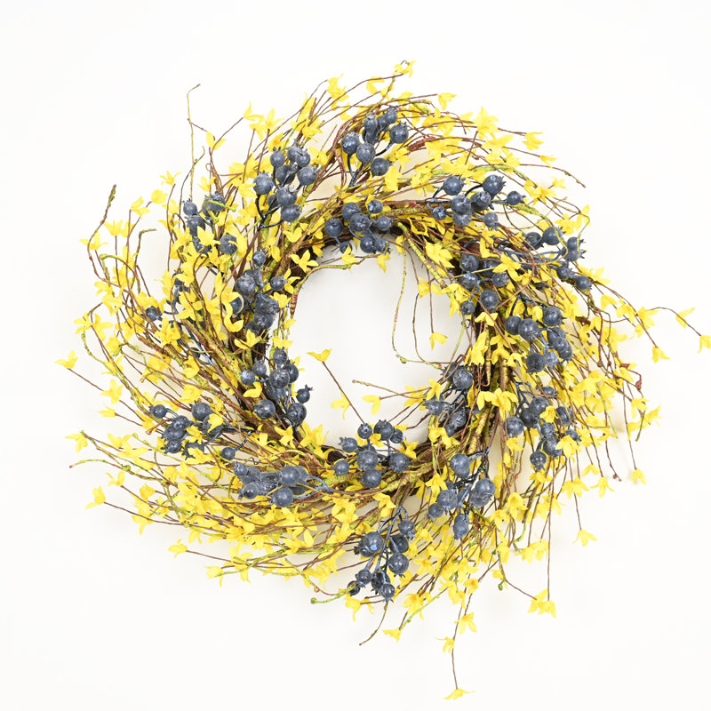 Couronne florale artificielle 24 po Forsythia, Bleu/jaune