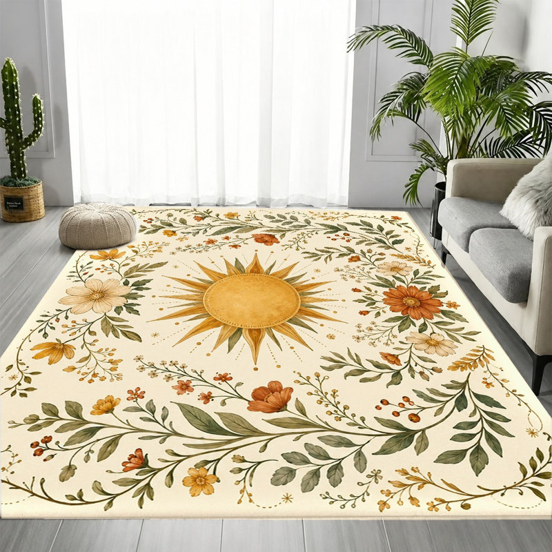 Tapis floral rétro rétro Boho Sun, Rectangle 5 pi 3 po x 3 pi 3 po (160 x 100 cm)