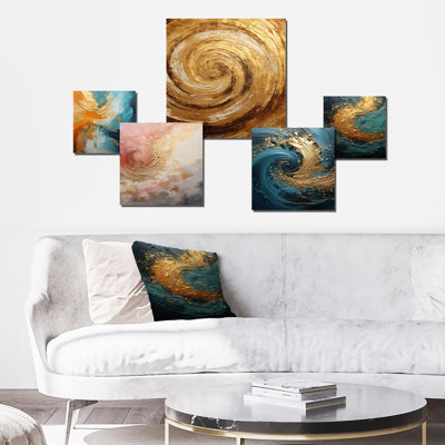 «Gold Turquoise Desert Mirage Spiral V», ensemble d'art mural abstrait en spirales sur 5