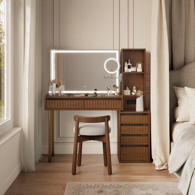6-Drawer Makeup Vanity Set with Swivel Solid Wood Stool, Adjustable LED Lighting & Magnifying Mirror
