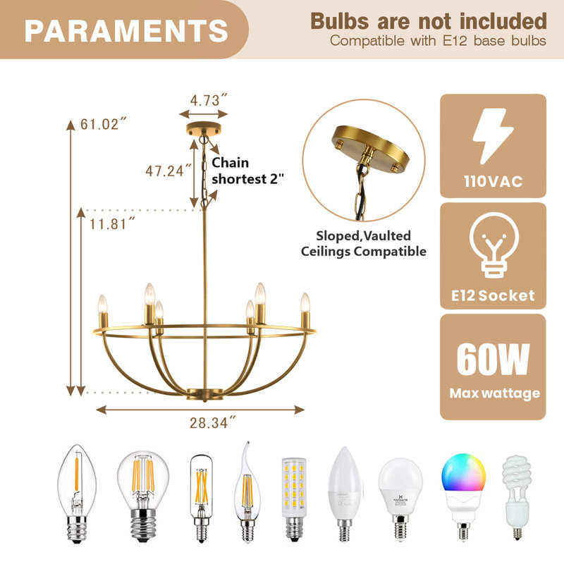 Dahmen 6 - Light Dimmable Wagon Wheel Chandelier, Golden