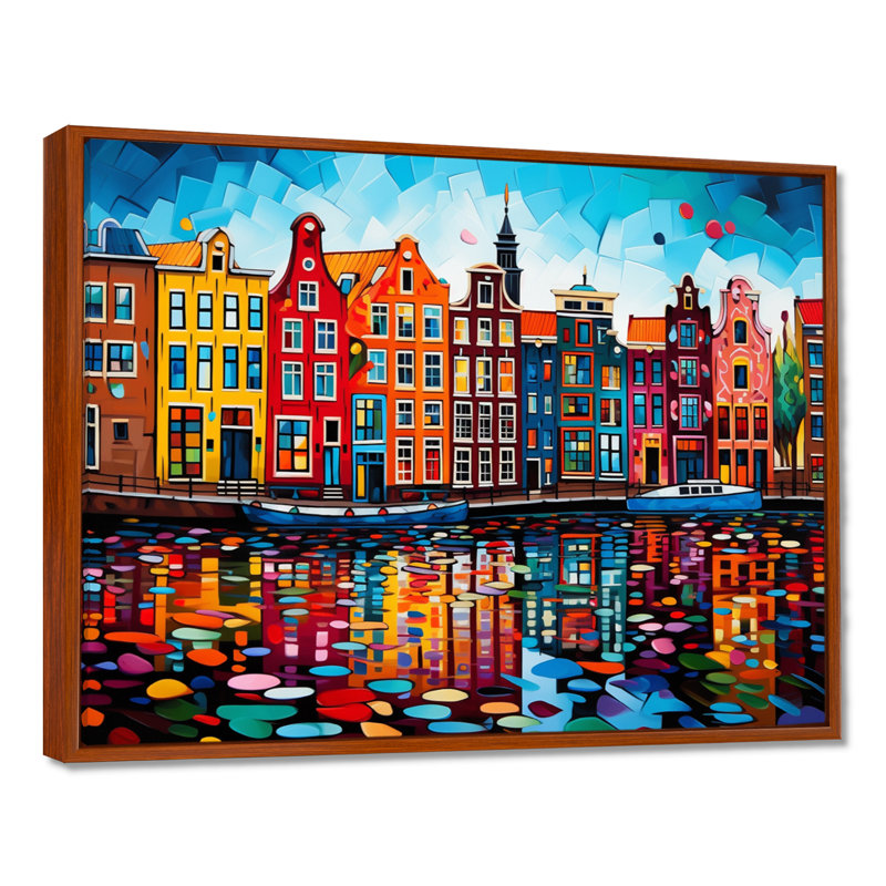 City Amsterdam Popart I - impressions sur toile Amsterdam, H 34 po x l 44 po x P 1,5 po, Brown Floater Framed