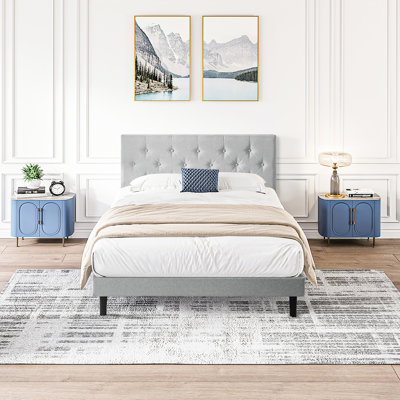 Base de lit tapissier grand format avec tête de lit moderne en lin, aucun sommier requis, support à lattes de bois, assemblage facile, ressort gris, couleur, capacité de charge de 600 lb