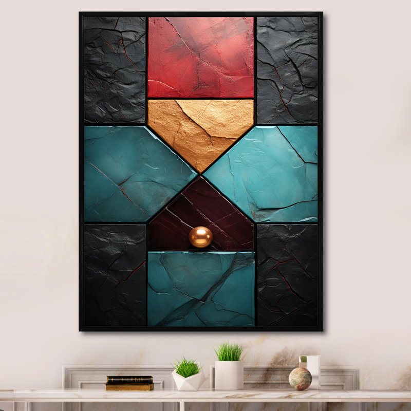 Carreaux à chevrons bleus et rouges Elegance I - art mural abstrait, H 32 po x l 24 po x P 1 po, Cadre flottant noir