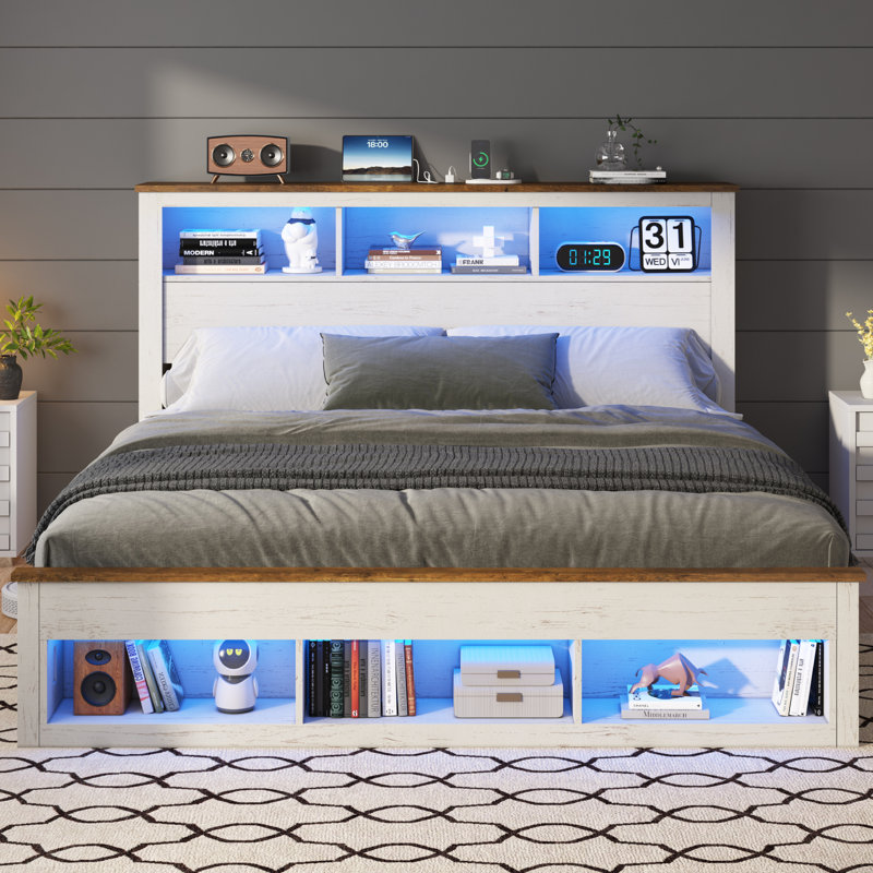 Revan Ivy Bronx Wooden Bed With Storage Headboard&Footboard, White/Brown, King