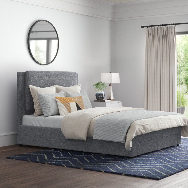 Gray Upholstered California King Platform Bed with Storage Drawers
