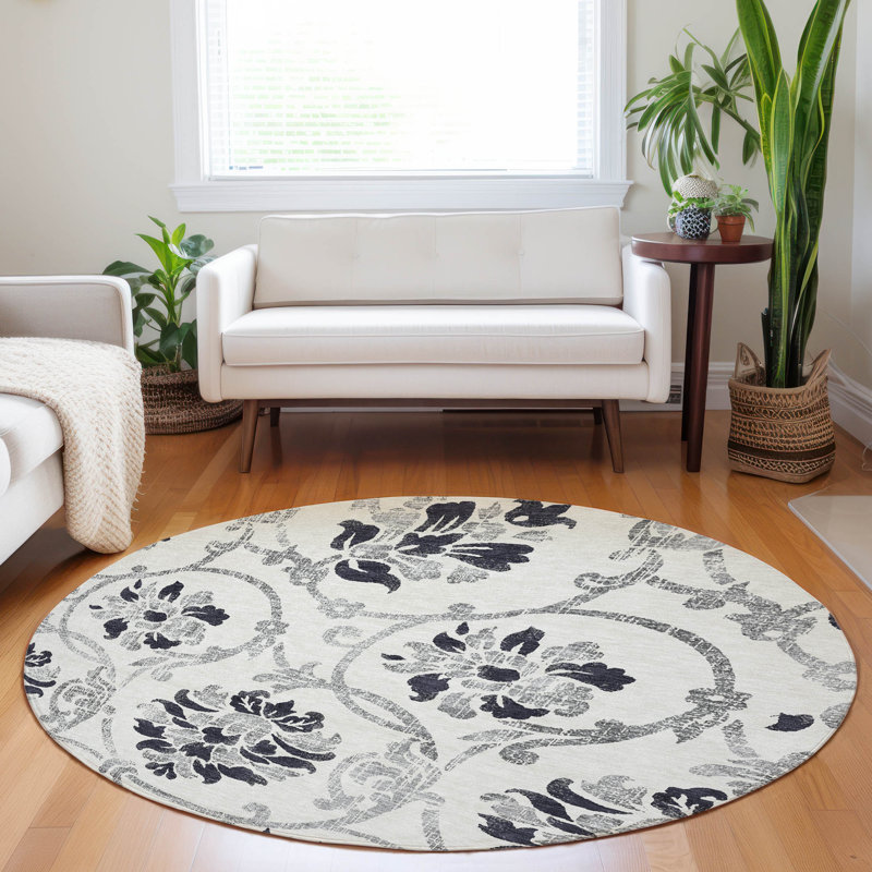 Premium Machine Washable Prisco Black Rug, Round 8'