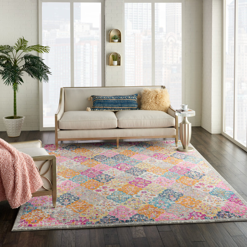 Tapis ikat rose / jaune / bleu Verda, Rectangle 3 pi 9 po x 5 pi 9 po
