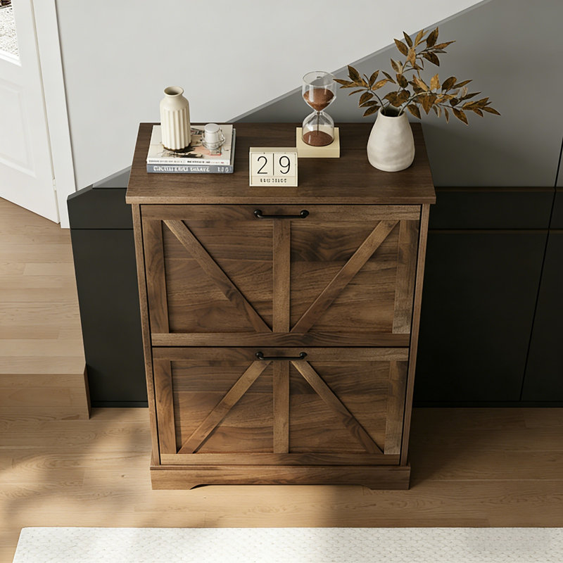 Armoire à chaussures rustique étroite avec 2 tiroirs rabattables, Noyer