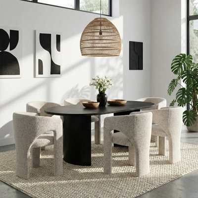 7-Piece Modern Dining Set With 79" Oval Pedestal Table & 6 Sculptural Upholstered Arm Chairs