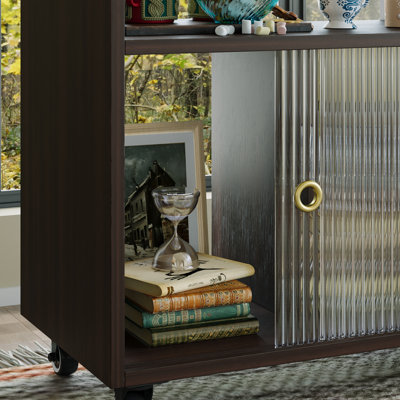 Mobile With Wheels, Wooden With Open Shelf, With Glass Top & Sliding Glass Doors For Living Room Bedroom, Walnut Side Table with Storage