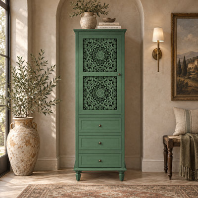 63" Tall Narrow Farmhouse Accent Cabinet with Floral Carved Door, 3 Drawers & Adjustable Shelf, Vintage Storage Cabinet