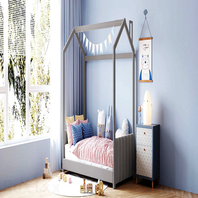 Lit simple en bois et velours, gris