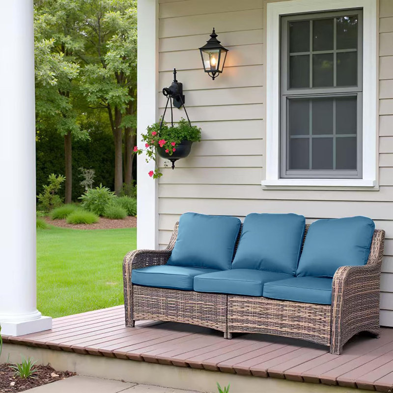 Canapé d'extérieur pour terrasse, canapé d'extérieur en osier 3 places avec dossier haut, assise profonde, accoudoirs larges, coussins épais, canapé d'extérieur pour terrasse, utilisation sous le porche, bleu paon