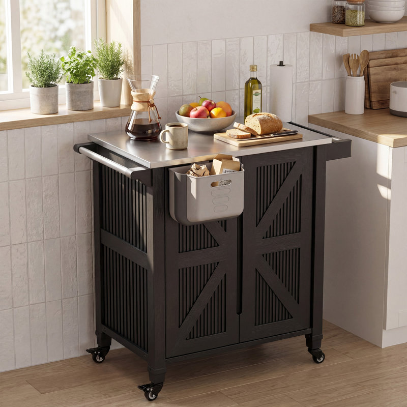 Outdoor Bar Cart With Stainless Steel Countertop, Cabinet With Storage, Foldable Trash Bin & Towel Rack For Kitchen Pre And Grill