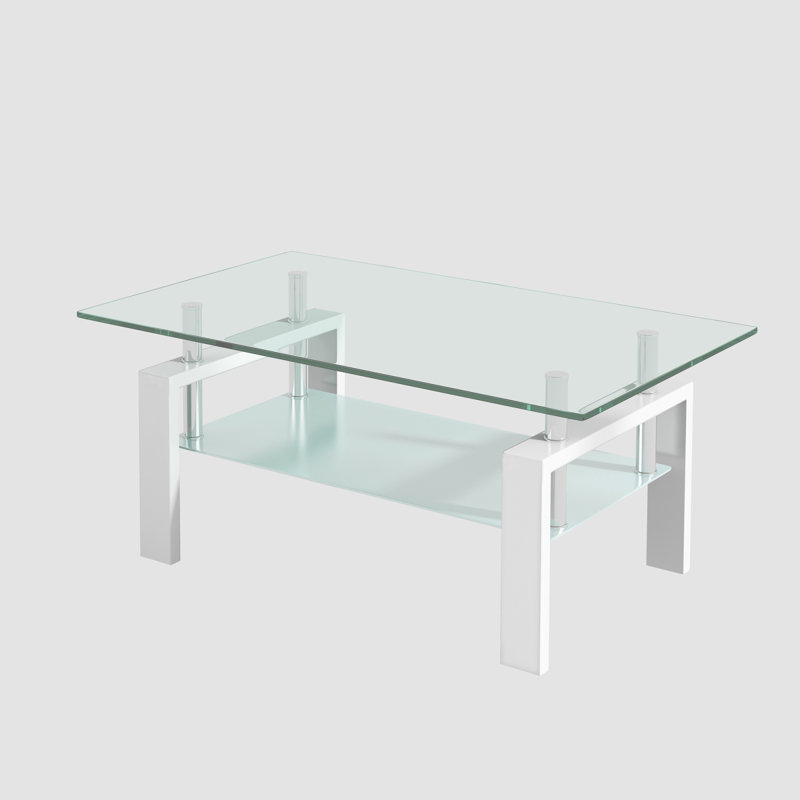 Table basse de salon en verre trempé transparent, 2 couches, Blanc