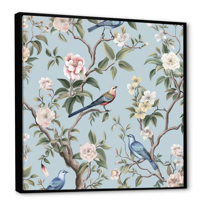 Chinoiserie, oiseaux et pivoines sur toile, Cadre flottant noir, 30" H x 30" W