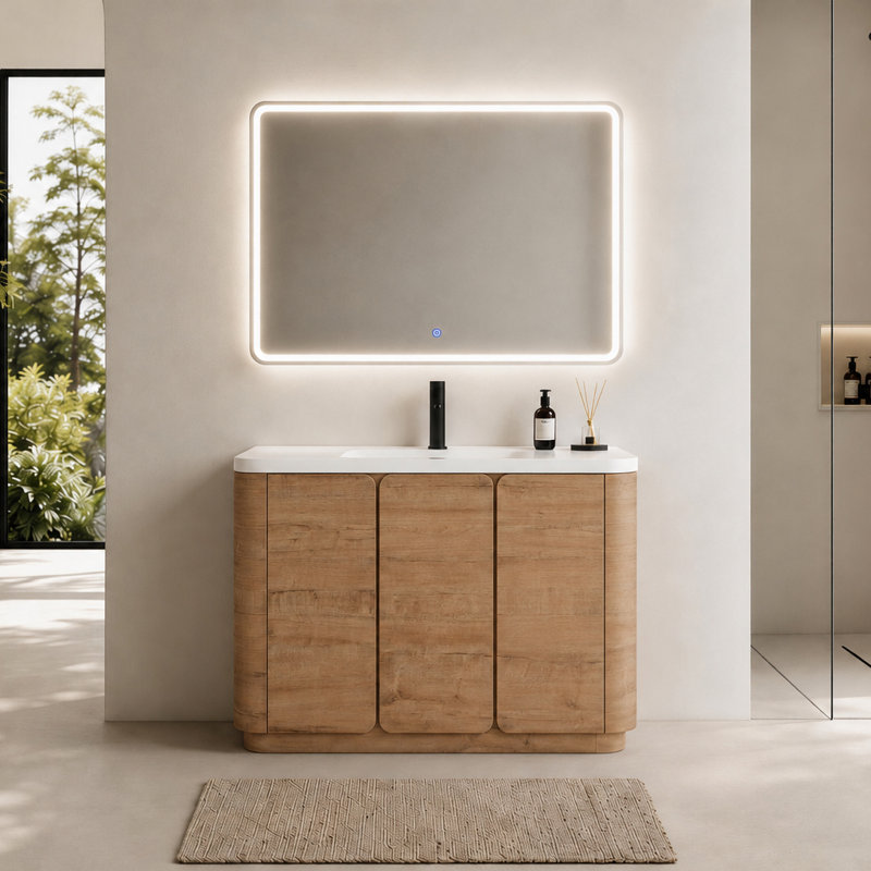 Meuble-lavabo autoportant Serene et ensemble lavabo en résine blanche avec portes à fermeture en douceur, 48"