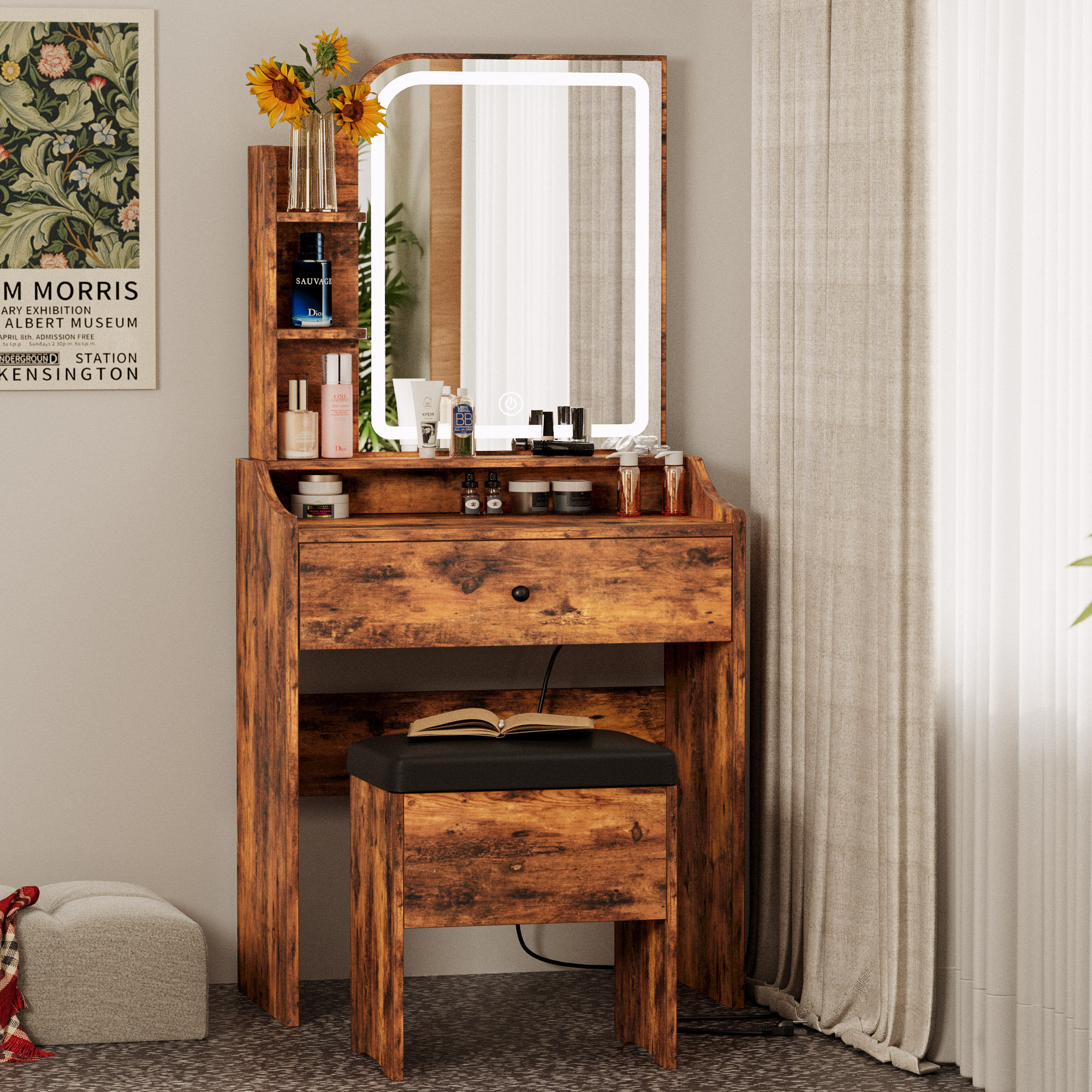 Makeup Vanity Table with Lighted Mirror, Vanity Desk with Storage Shelf and 4 Drawers, White Ebern Designs