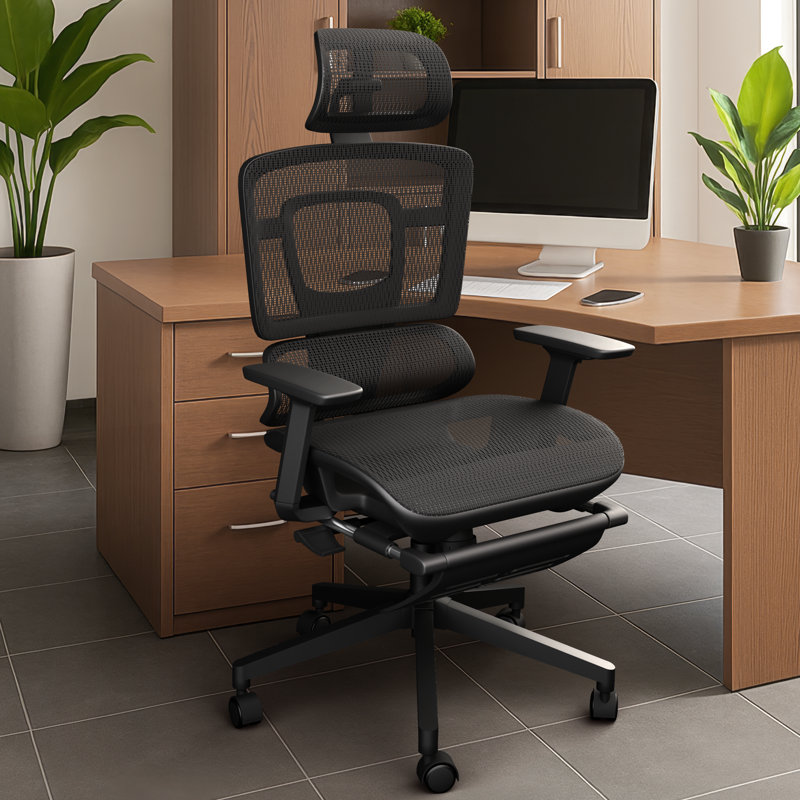 Chaise de bureau ergonomique en filet avec support lombaire adaptatif, repose-pieds rétractable, appui-tête réglable, accoudoirs 4D