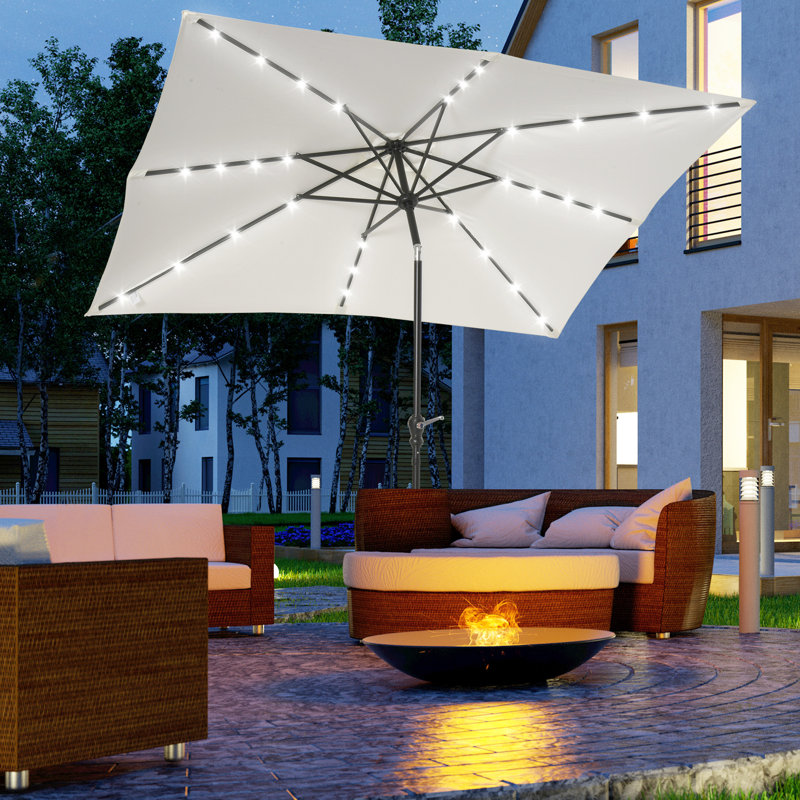 Parasol solaire 9 pi x 7 pi avec lumières à DEL - inclinable, manivelle pratique, abat-jour extérieur pour le jardin, la terrasse, la cour et le mécanisme à manivelle, divers espaces