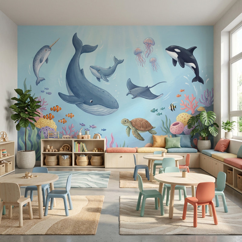 Murale de baleines sous l'eau, 160 po x 108 po, Peler et coller