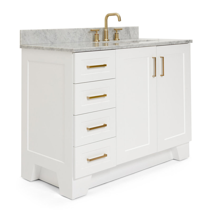 Meuble-lavabo simple en bois massif 43 po Freitas avec plateau en marbre de Carrare blanc 0,75 po Freitas, Oui, Rectangulaire