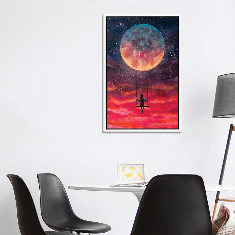 Girl Guy Man Riding on Big Moon Planet Earth 1 Piece Painting on Canvas, 101.6cm H x 66.04cm W x 3.81cm D, White Framed