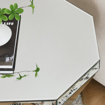 Table basse de style tambour avec incrustation de cristal miroir, table décorative argentée Polygonal