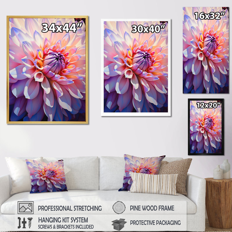Violet Dahlia Bloom On Sunrise I, reproduction d'art sur toile, Cadre simple argenté, H 44 po x l 34 po x P 1,5 po