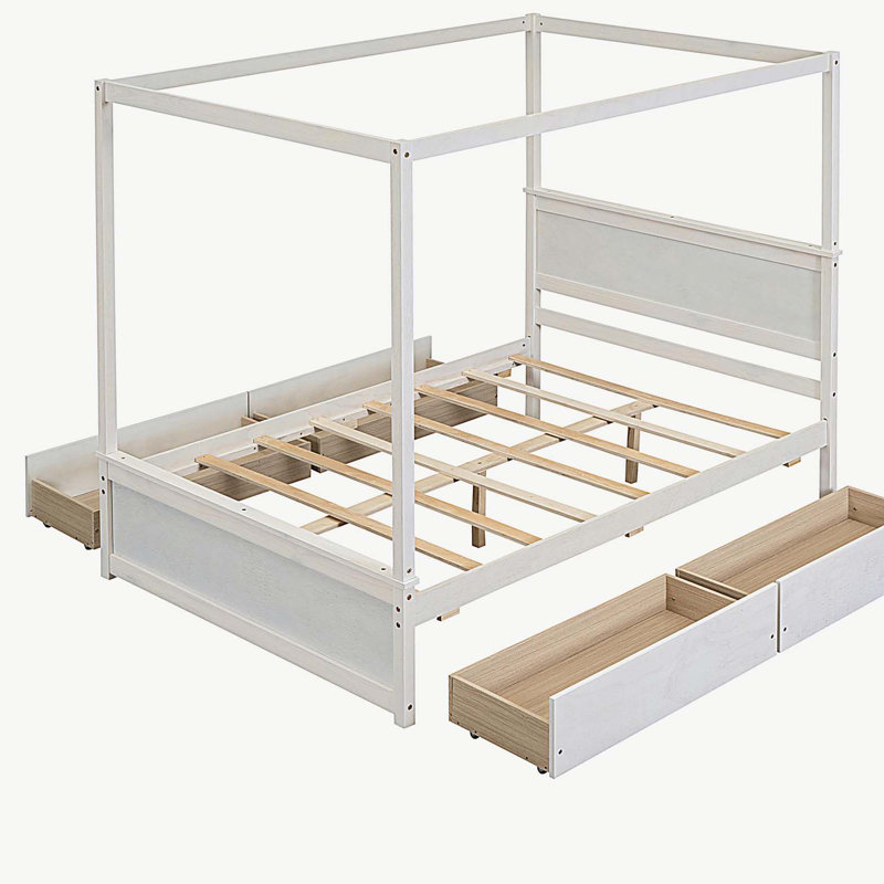 Lit à baldaquin en bois avec quatre tiroirs, lit plateforme à baldaquin pleine grandeur avec lattes de soutien. Aucun sommier tapissier requis, blanc brossé