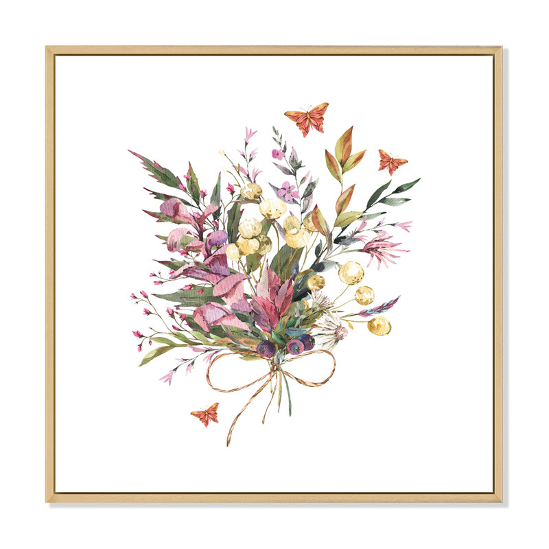 Arrangement floral rétro avec fleurs sauvages - peinture sur toile, H 36 po x l 36 po x P 1 po, Cadre flottant en érable