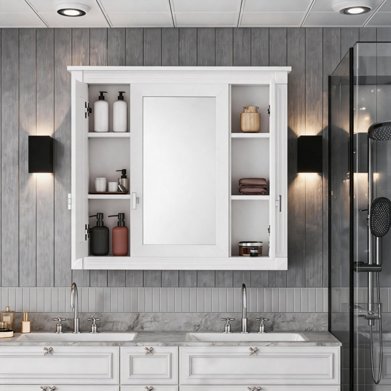 Armoire à pharmacie murale avec portes miroir, 5 tablettes réglables, armoire de rangement blanche au-dessus de la toilette