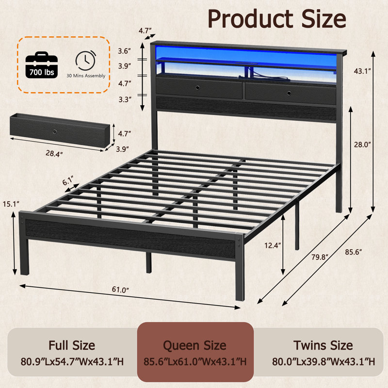 Queen Bed Frame With LED Lights, Platform Bed Headboard, Charging Station, Black, Queen