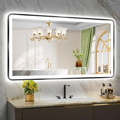 Hyosvany Matte Black Matel Framed LED Vanity Mirror with Front-lit and Back-lit, Memory Function, 3 Color Temperatures, Dimmable Light & Anti-fog Tempered Glass Mirror