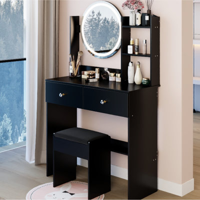 17" Round Led Vanity Table With Seat, Touch - Controlled 3 Color Adjustable Lighting, Large Desktop And Multi Layer Storage, Suited For Limited Home Spaces, American Style Designing, Black Furniture