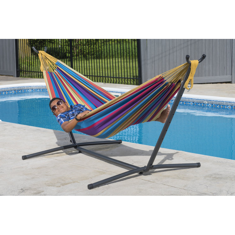 Vivere Dorinda Double Cotton Hammock with Space Saving Steel Stand and Carry Bag