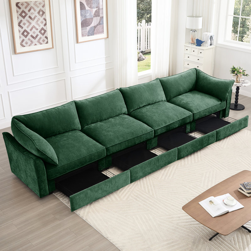 Chenille 4 places avec tiroir de rangement dans chaque siège, conception enveloppée et d'accoudoirs, lignes épurées, repose-pieds dissimulé, matériau de peau douce, adaptable à différents décors de canapé uniques