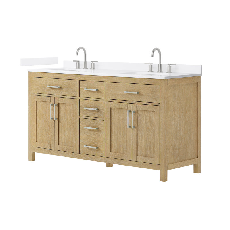 Beckett 66" Freestanding Double Bathroom Vanity with Quartz Top, Brushed Gold, White Quartz, Whitewashed Oak