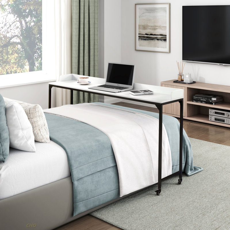 Multipurpose Over The Bed Desk With Adjustable Height, Metal Legs With Casters, Overbed Table 1Pc, Laptop Table For Bed, Breakfast Table