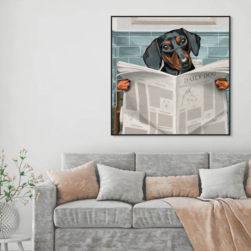 «Occupied Bathroom Doxie - impression d'art graphique, Cadre noir, H 40,5 po x l 40,5 po P 1,5 po