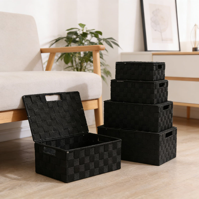 Ensemble de 4 paniers de rangement tissés avec couvercles empilables en tissu avec structure en métal renforcé, boîtes en polypropylène résistantes à la poussière pour placard, tablette, tiroir, chambre de bébé et organisation de bureau