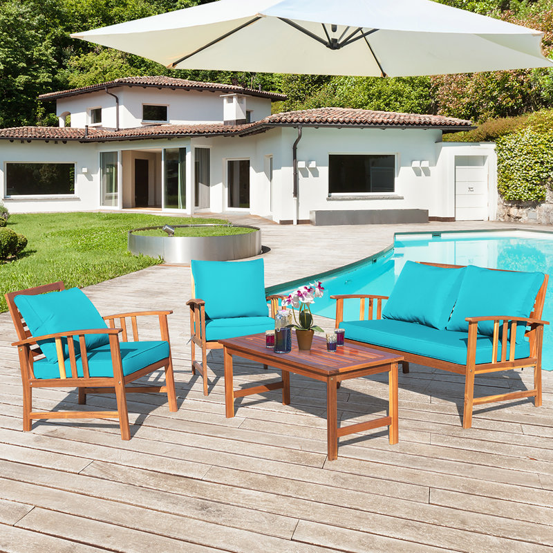 Acacia Wood 4 - Person Patio Conversation Set with Cushions
