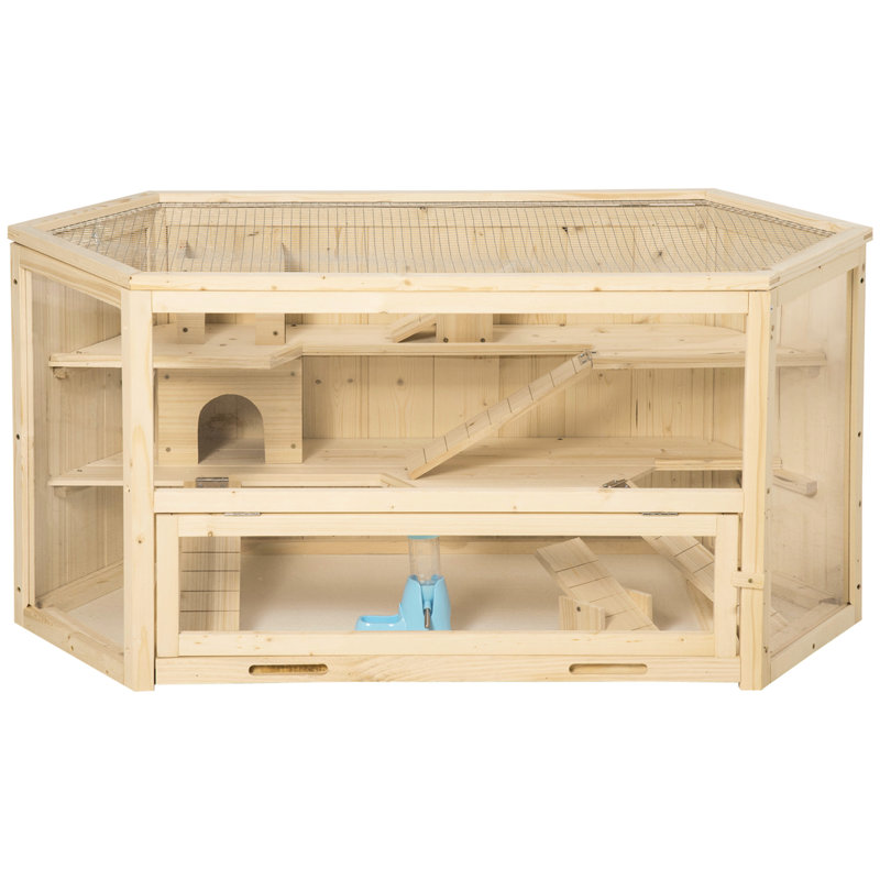 Grande cage en bois de hamster à 3 niveaux, avec balançoires à bascule, bouteille d'eau et niveau d'activité avec zone pour animaux de compagnie animés