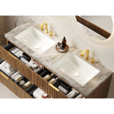 Lavabos encastrés en céramique 60 po et gris clair avec comptoir en pierre frittée à motif de pierre, sans armoire, sans robinet et couvercle de lavabo