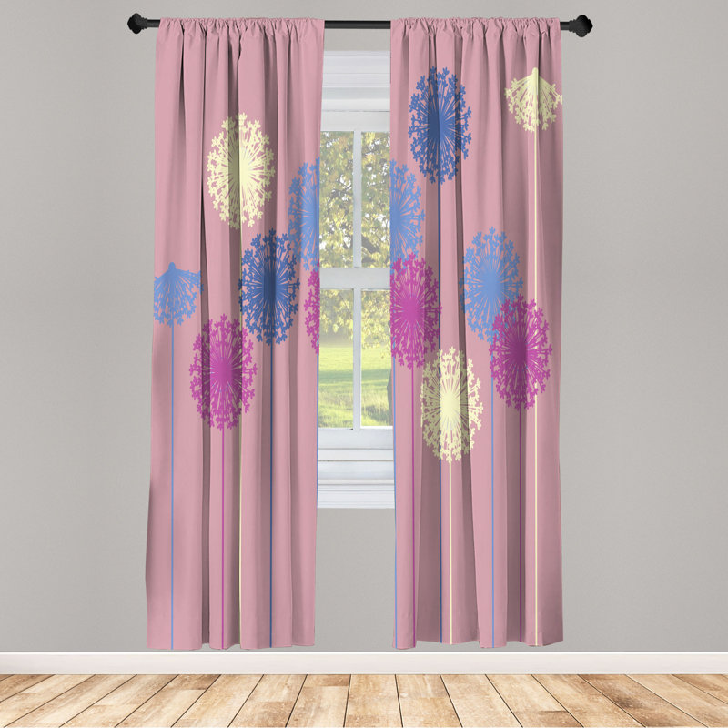 Microfiber Floral Semi-Sheer Rod Pocket Curtain Panels, 28" W x 95" L, Pink/Navy