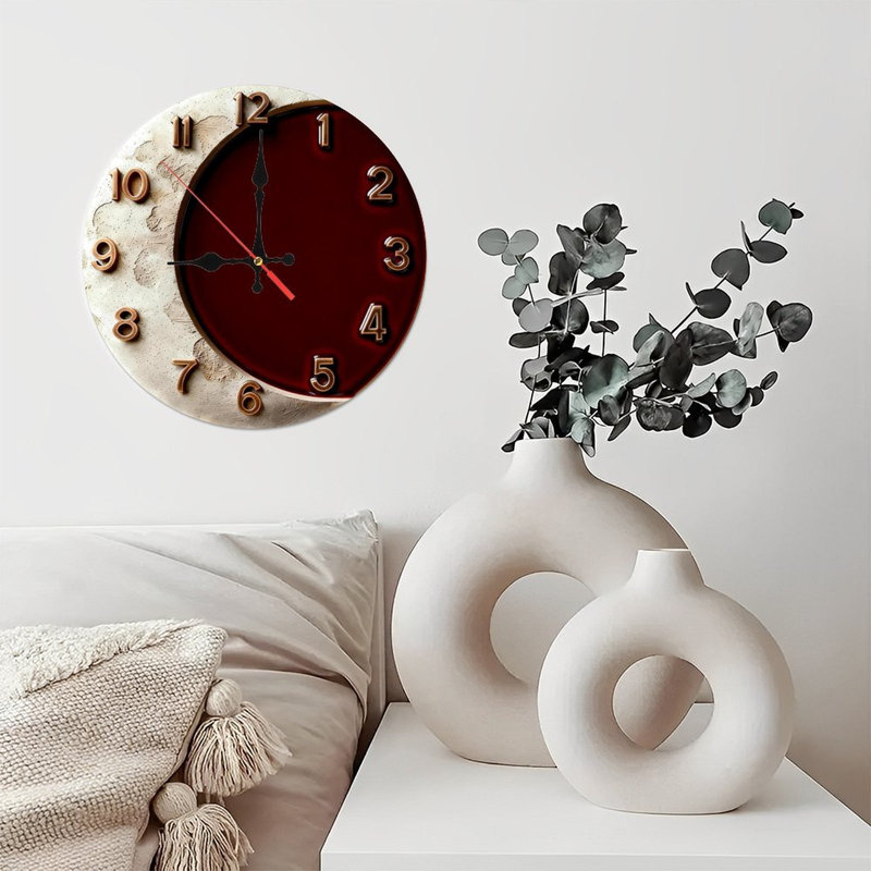10" Round Wooden Wall Clock, Silent Quartz Movement, UV-Printed Design, Battery Operated, Burgundy